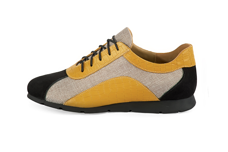 Matt black, natural beige and mustard yellow women's three-tone elegant sneakers. Round toe. Flat rubber soles. Profile view - Florence KOOIJMAN